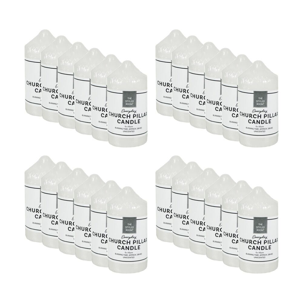 24PK The Styled Room Unscented Church Pillar Candle Home Fragrance 5x10cm White