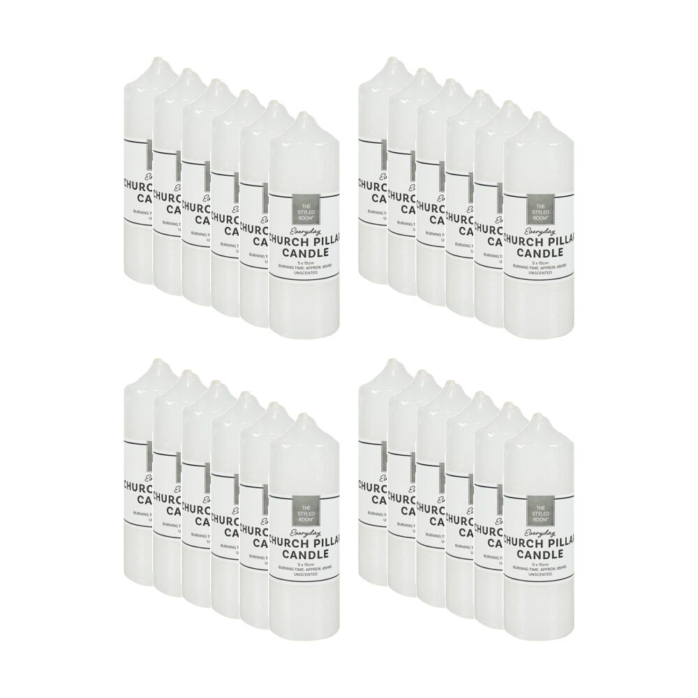 24PK The Styled Room Unscented Church Pillar Candle Home Fragrance 5x15cm White