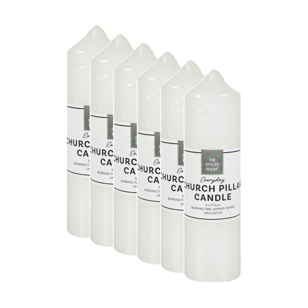 6PK The Styled Room Unscented Church Pillar Candle Home Fragrance 5x17.5cm White