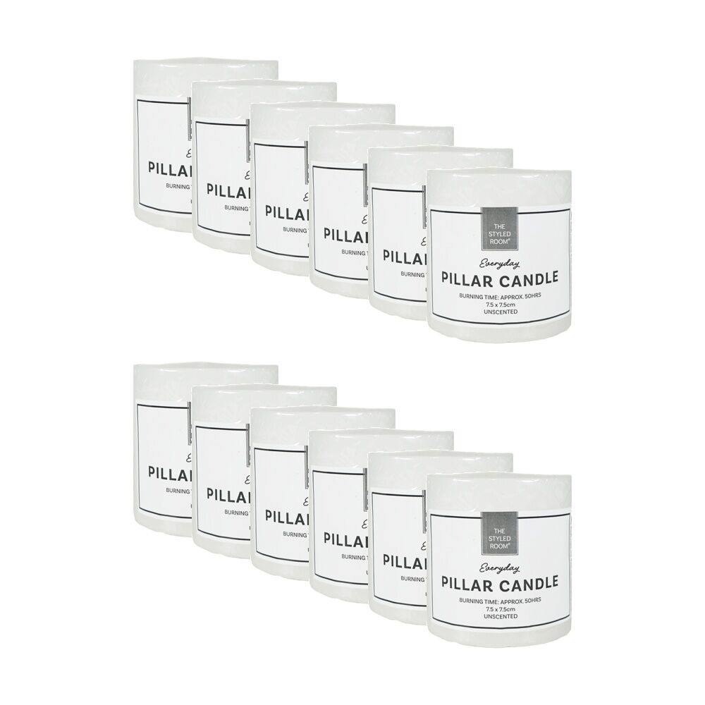 12PK The Styled Room 50 Hour Unscented Pillar Candle 7.5x7.5cm White