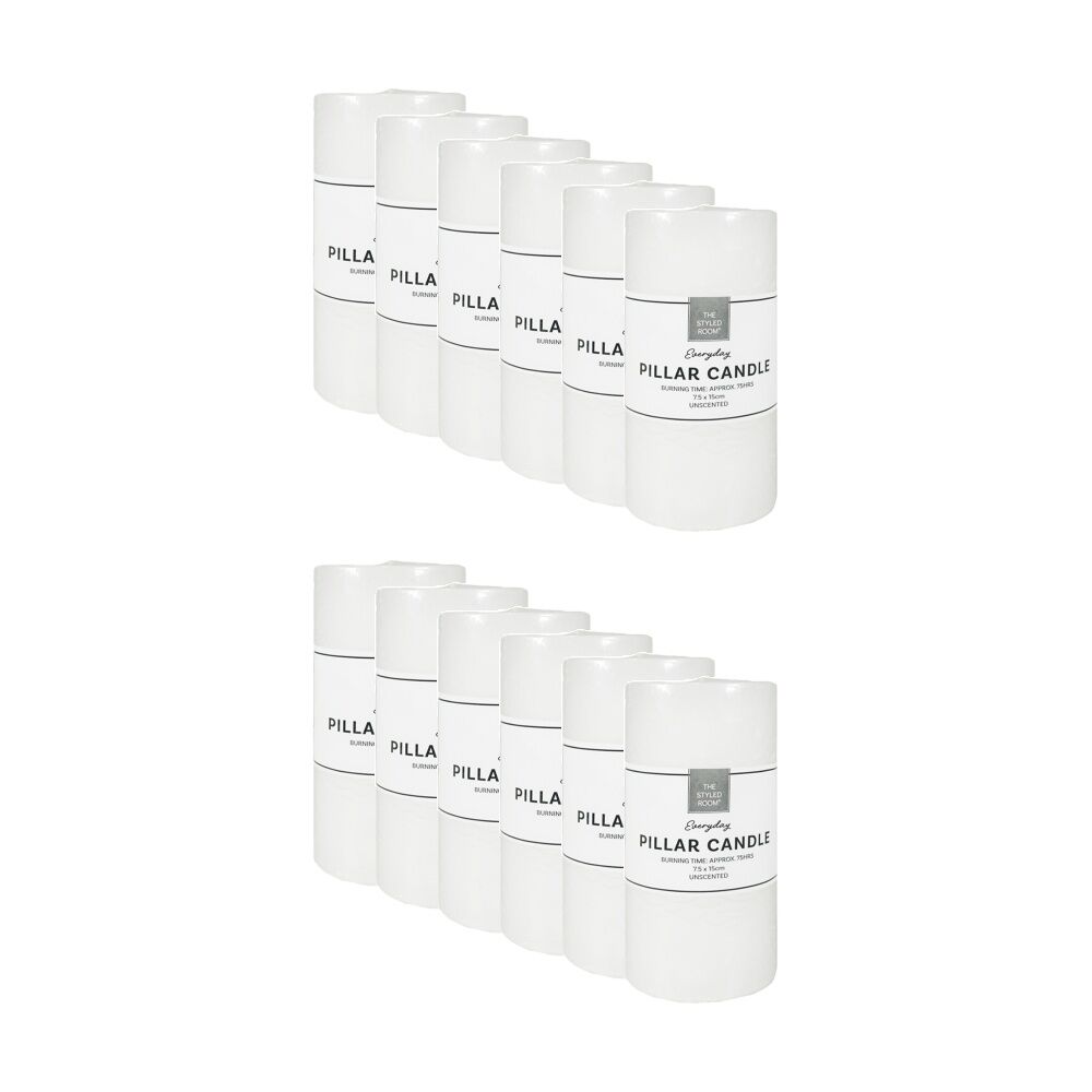 12PK The Styled Room 75 Hour Unscented Pillar Candle 7.5x15cm White