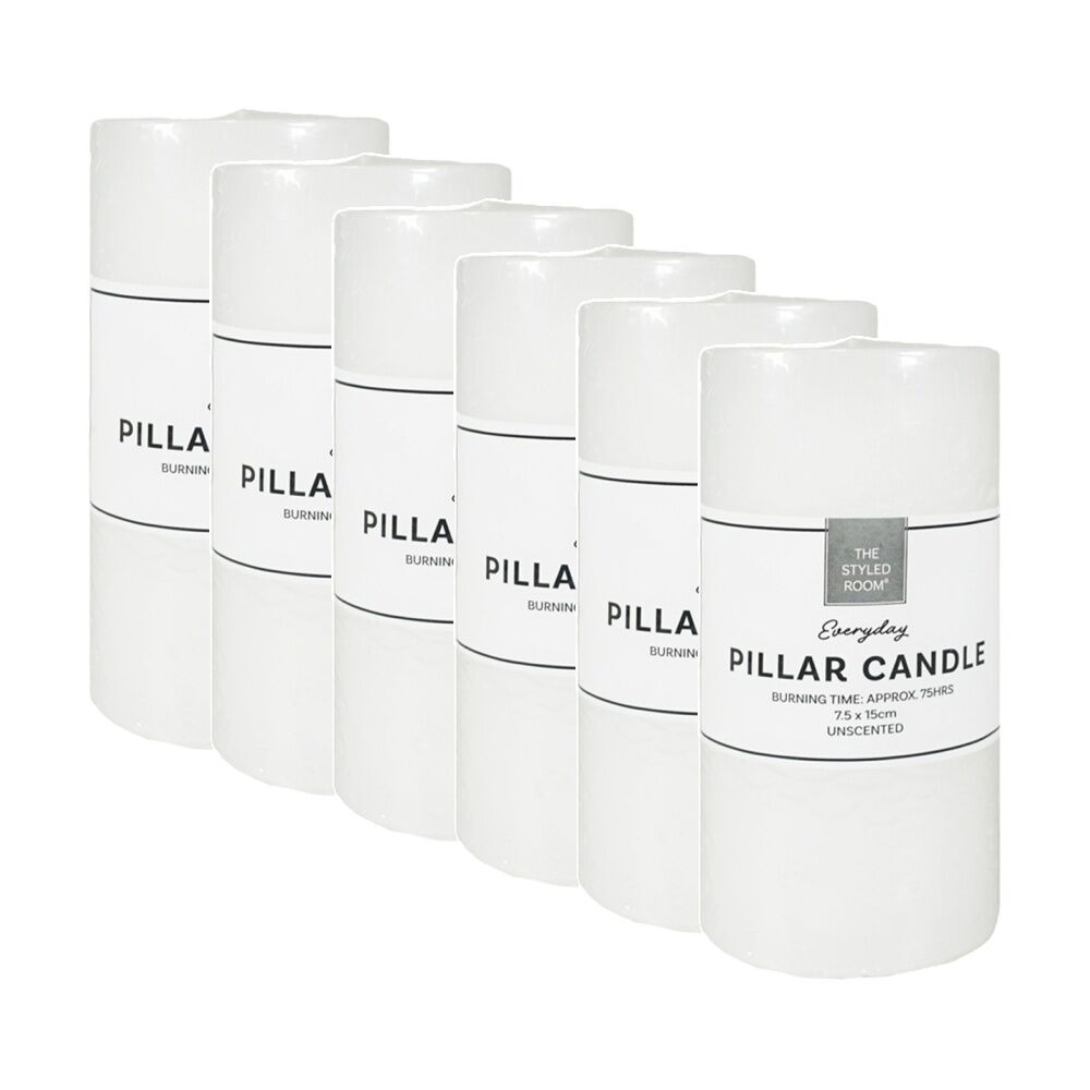 6PK The Styled Room 75 Hour Unscented Pillar Candle 7.5x15cm White