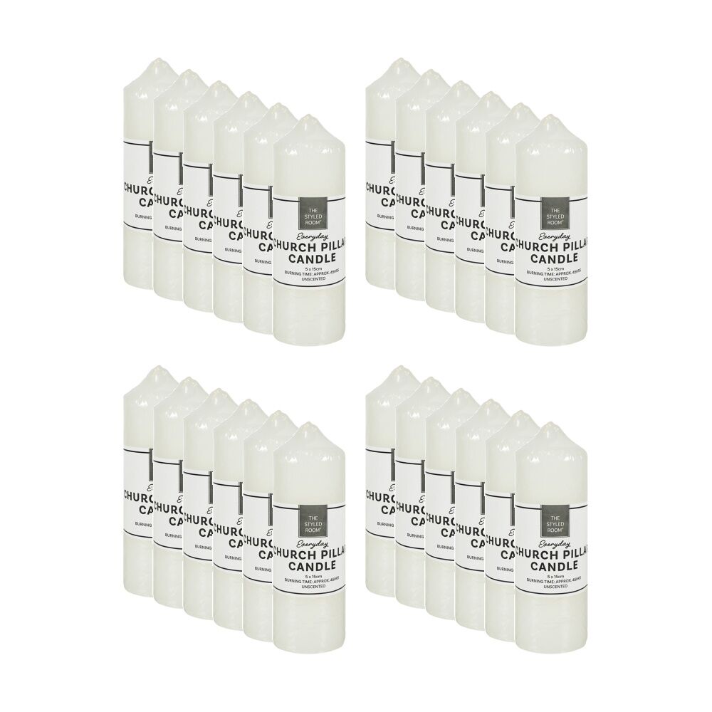 24PK The Styled Room Unscented Church Pillar Candle Home Fragrance 5x15cm Ivory