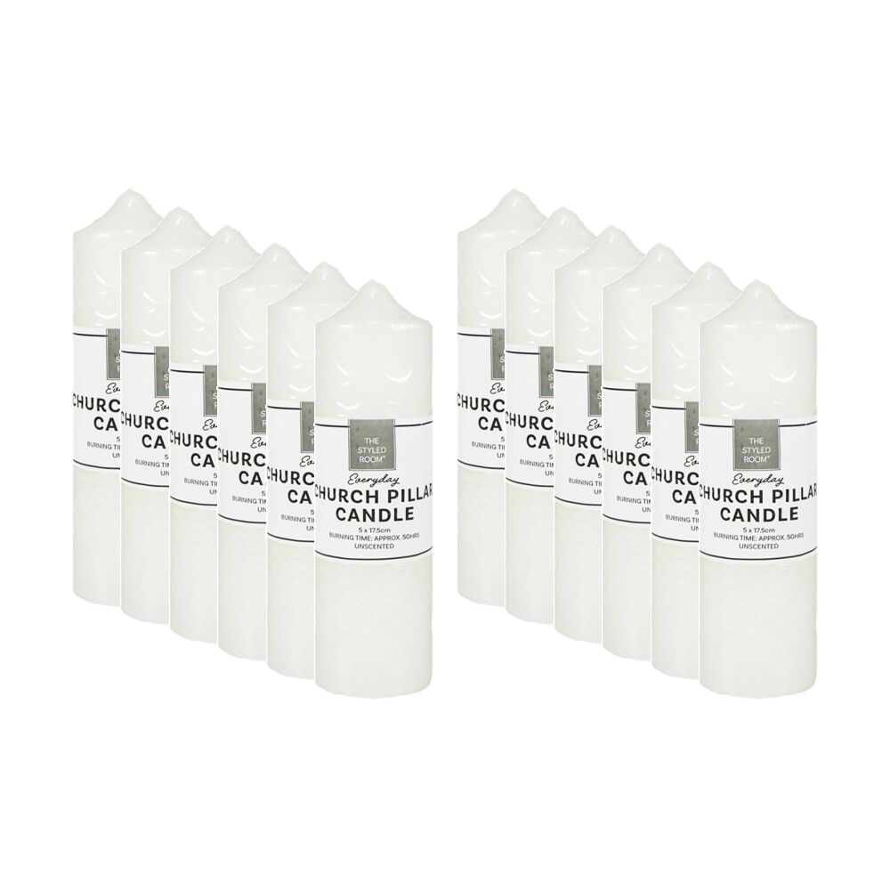 12PK The Styled Room Unscented Church Pillar Candle 5x17.5cm Ivory