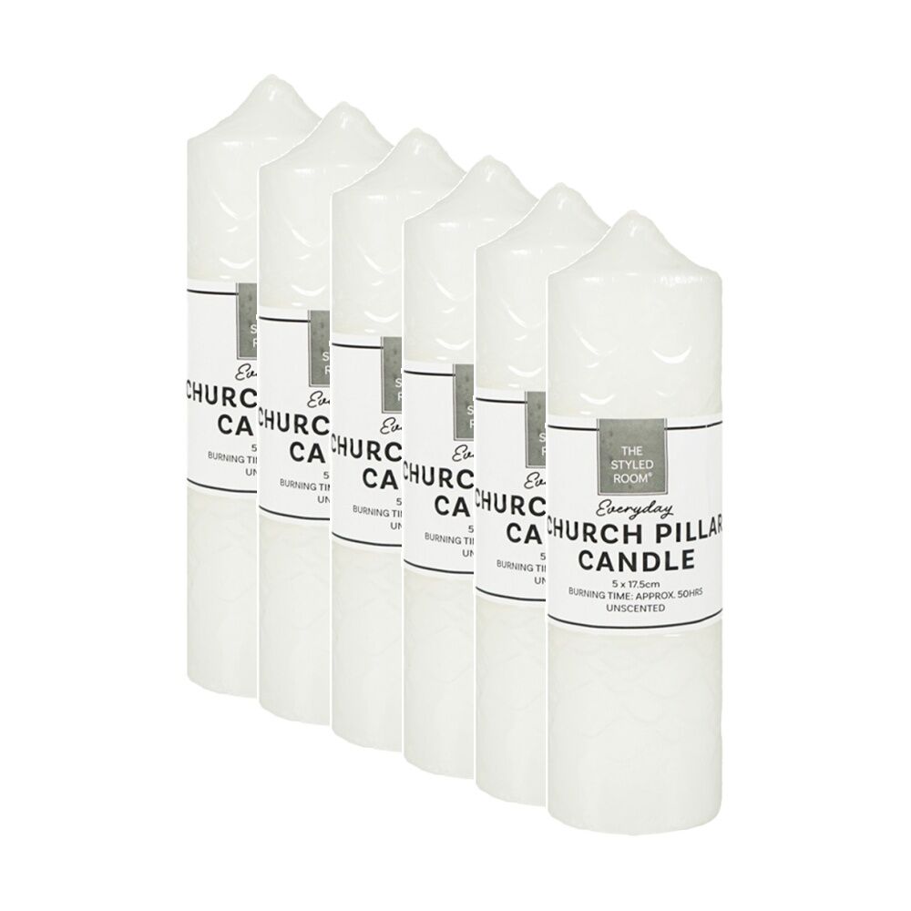6PK The Styled Room Unscented Church Pillar Candle Home Fragrance 5x17.5cm Ivory