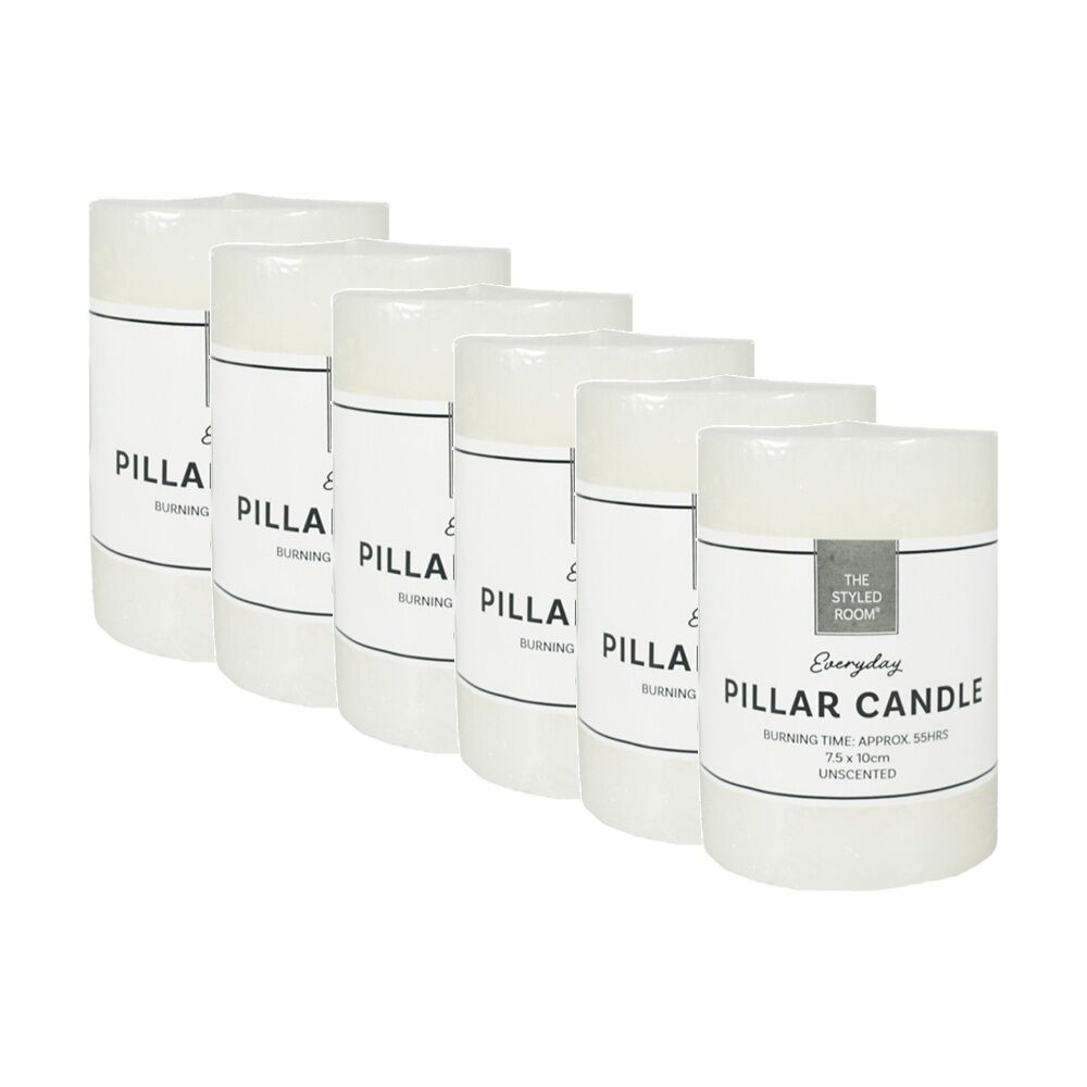 6PK The Styled Room 55HR Unscented Pillar Candle Home Fragrance 7.5x10cm Ivory
