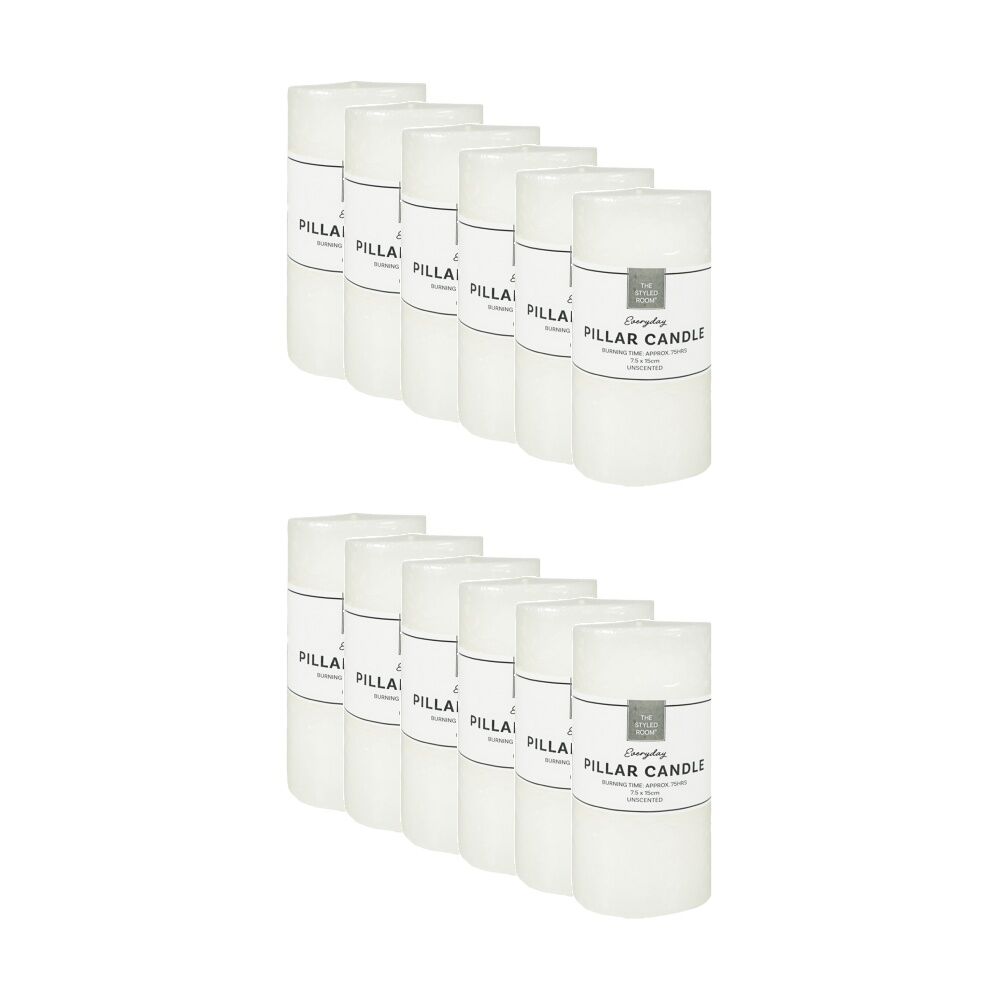 12PK The Styled Room 75 Hour Unscented Pillar Candle 7.5x15cm Ivory