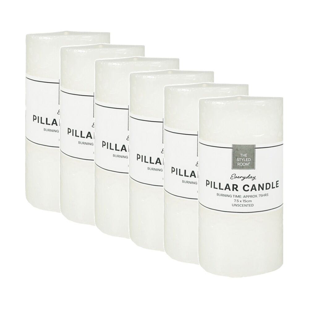 6PK The Styled Room 75HR Unscented Pillar Candle Home Fragrance 7.5x15cm Ivory