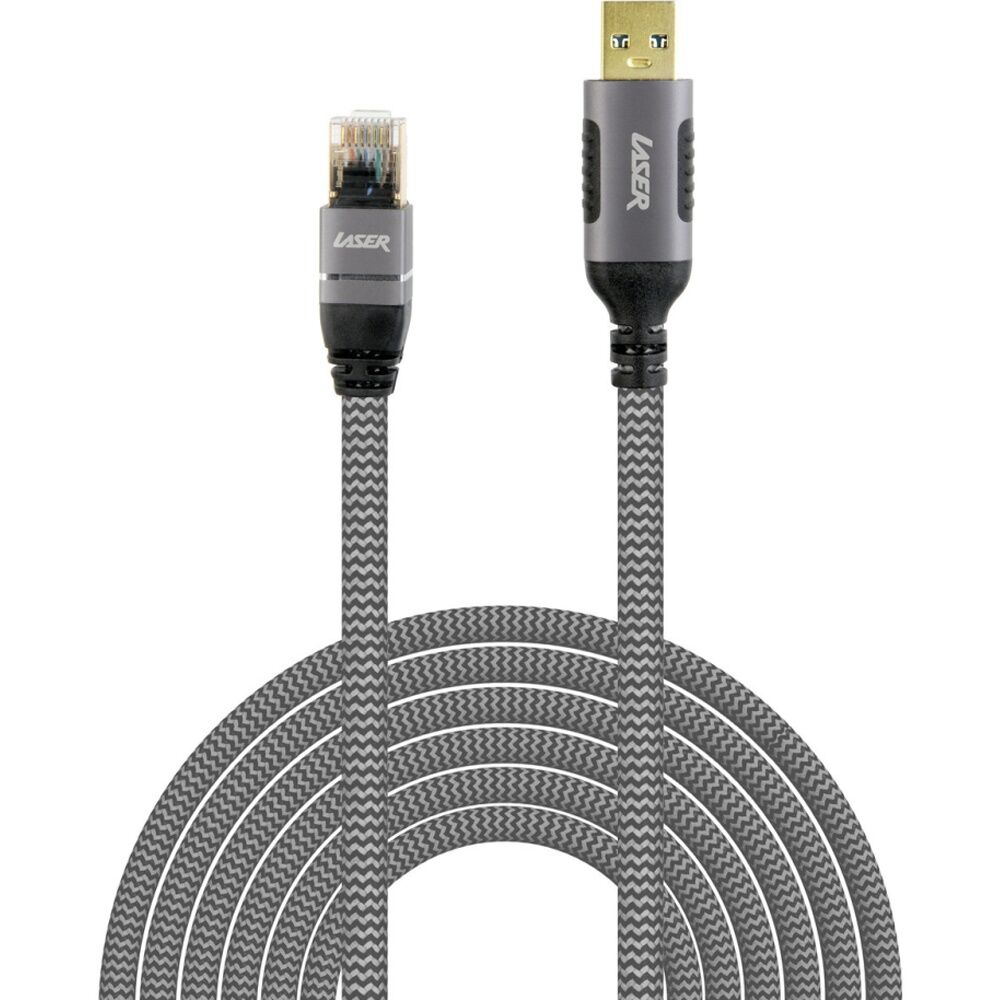 Laser USB-A To RJ45 Male Cable Braided Durable Network Connector 2m Grey