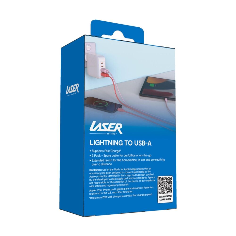 2pc Laser USB-A To MFi Certified Apple Lightning Cable Set 2m Red/Pink