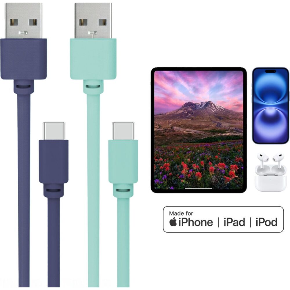 2pc Laser USB-C to USB-A Fast Device Charging Cable Set 2m Blue/Green