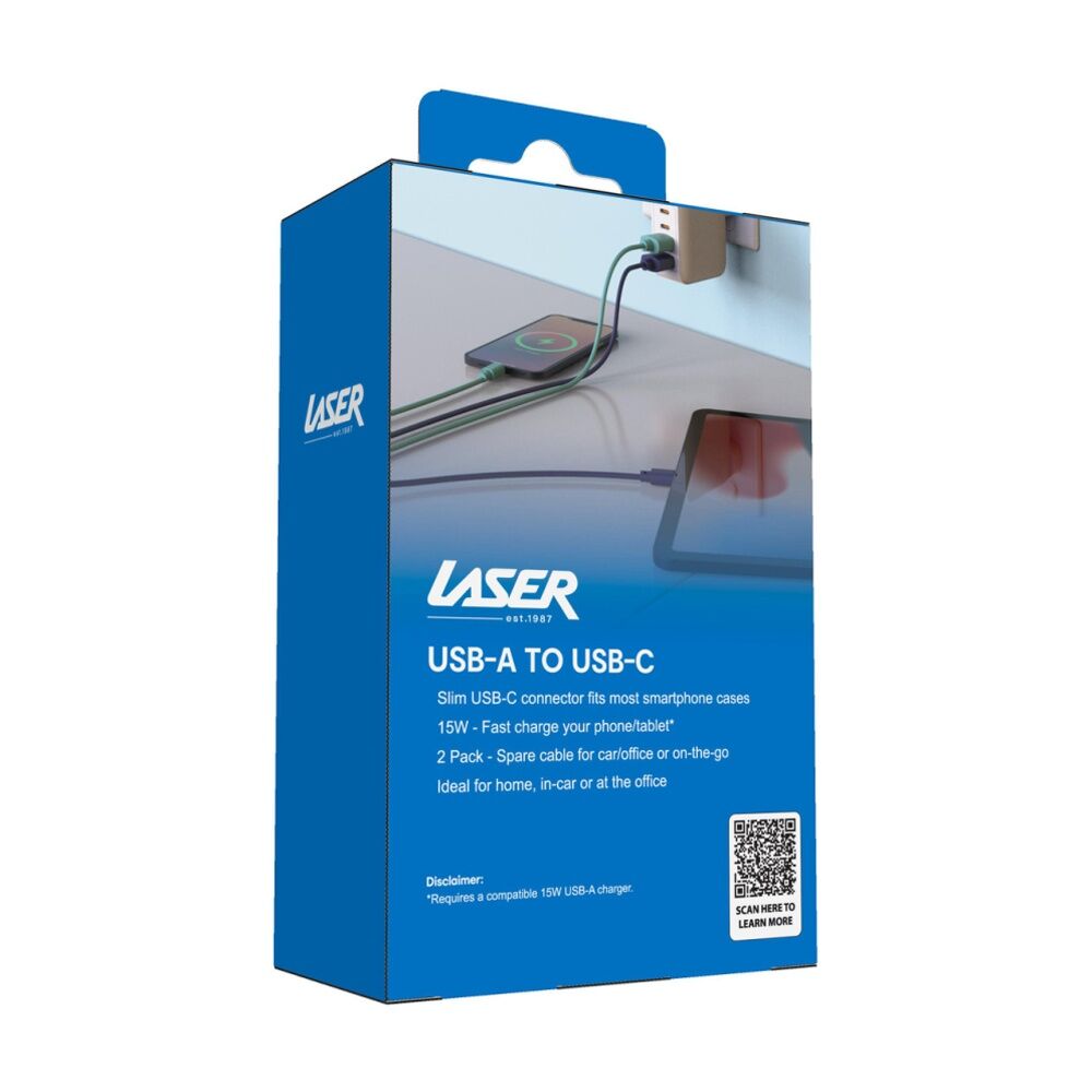2pc Laser USB-C to USB-A Fast Device Charging Cable Set 2m Blue/Green