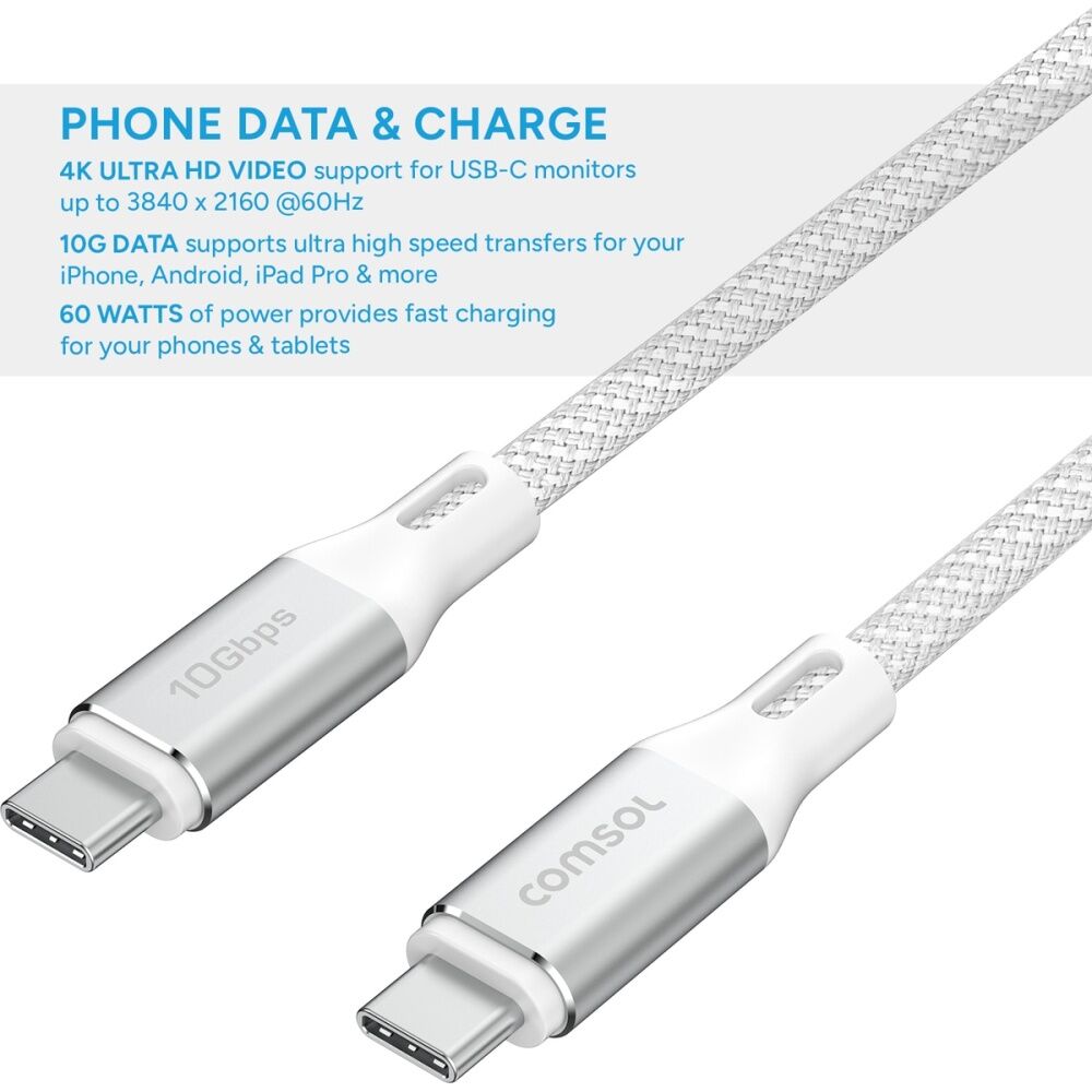 4PK Comsol USB-C To USB C10Gbps Fast Charge 60W Charging Cable White 1.2m
