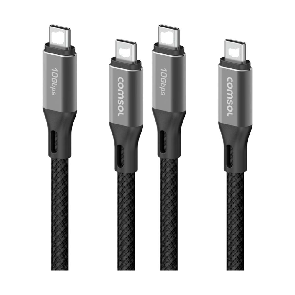 2PK Comsol USB-C To USB C 10Gbps Fast Charge 60W Charging Cable Black 2m