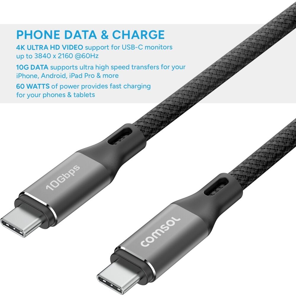 2PK Comsol USB-C To USB C 10Gbps Fast Charge 60W Charging Cable Black 2m