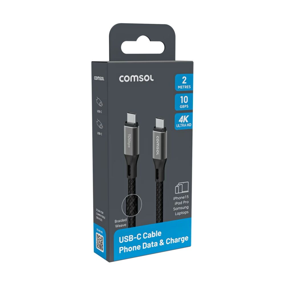 2PK Comsol USB-C To USB C 10Gbps Fast Charge 60W Charging Cable Black 2m