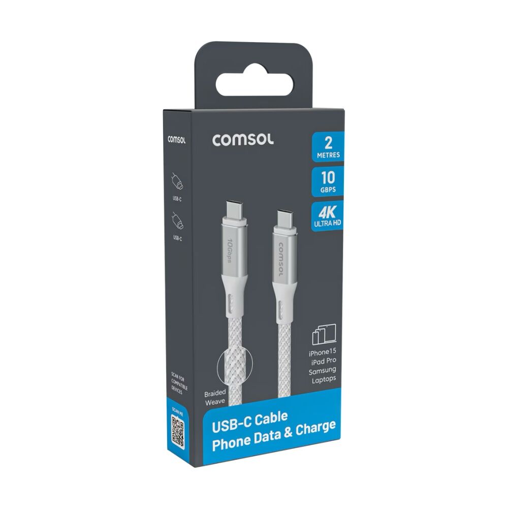 2PK Comsol USB-C To USB C 10Gbps Fast Charge 60W Data Transfer Cable White 2m