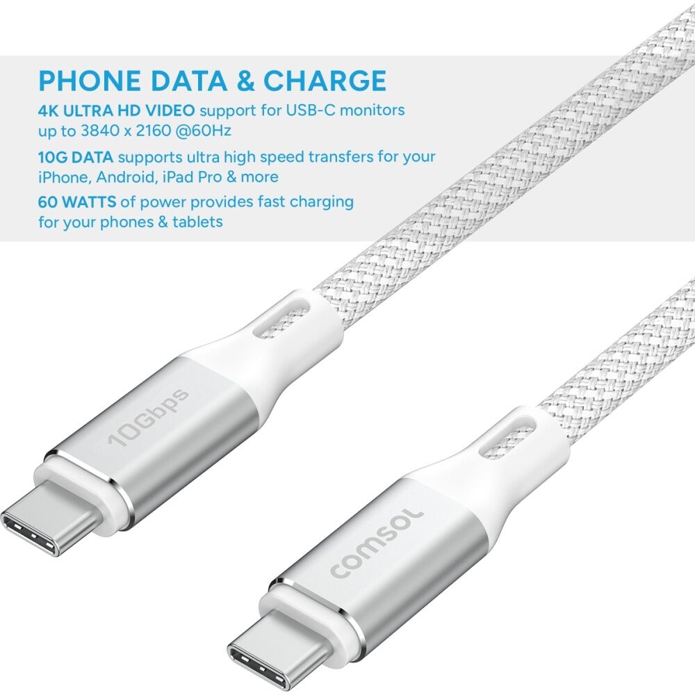 2PK Comsol USB-C To USB C 10Gbps Fast Charge 60W Data Transfer Cable White 2m
