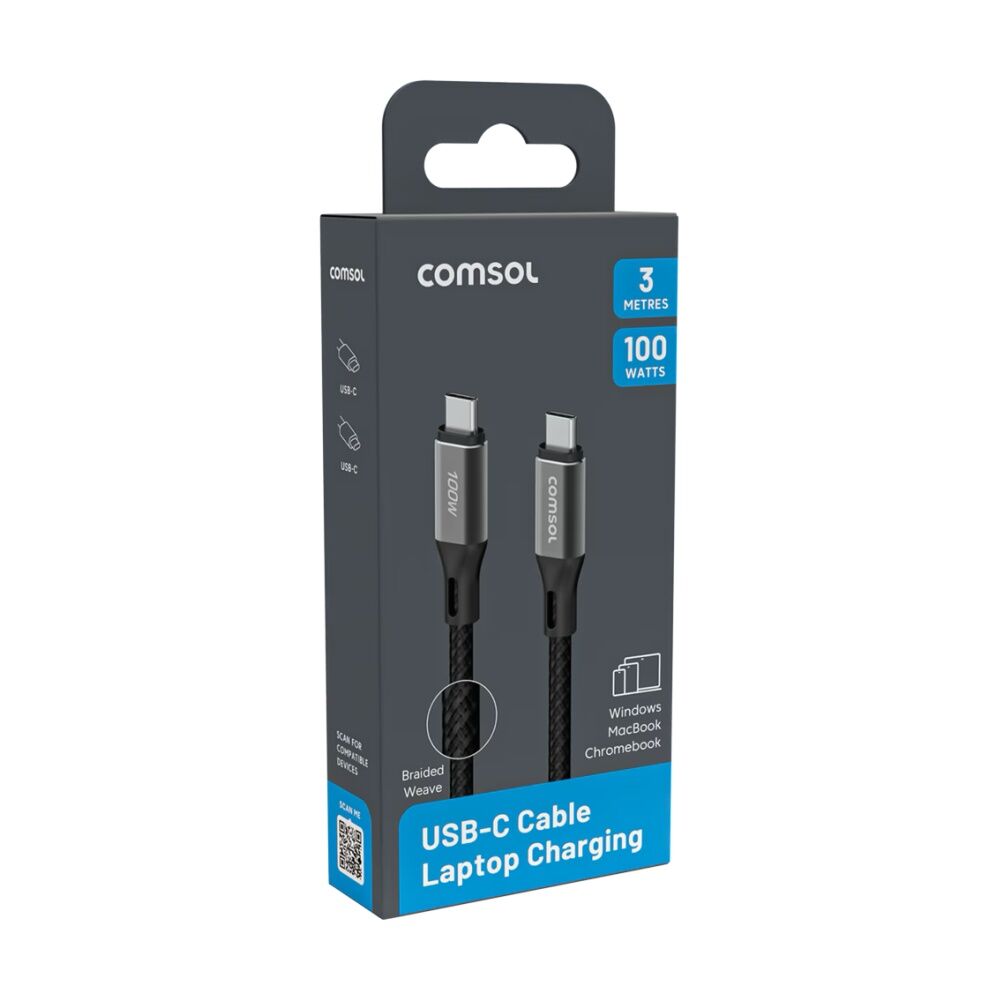 2PK Comsol USB-C To USB C Fast Charging 100W Data Transfer Cable Black 3m