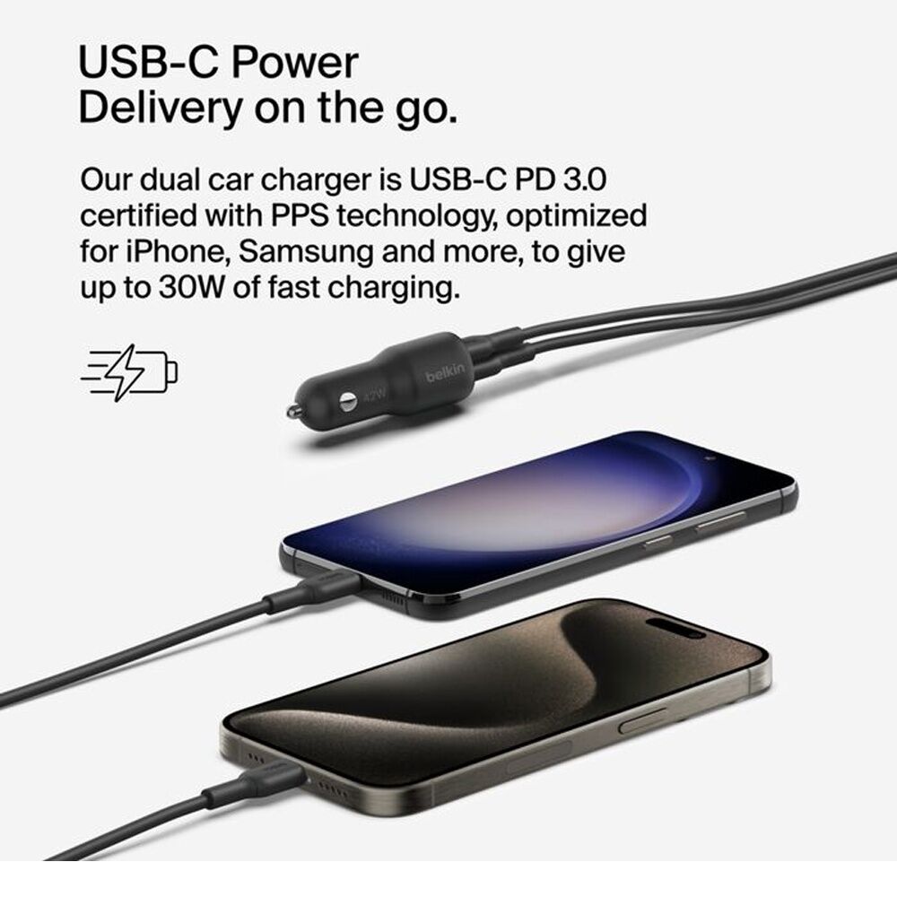 2PK Belkin BoostCharge Dual Port Car Phone Charger W/ USB-C Power Delivery 42W