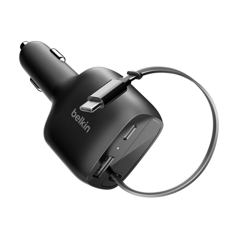 2PK Belkin BoostCharge 2-Port Car Charger W/ Retractable USB-C Cable 75W