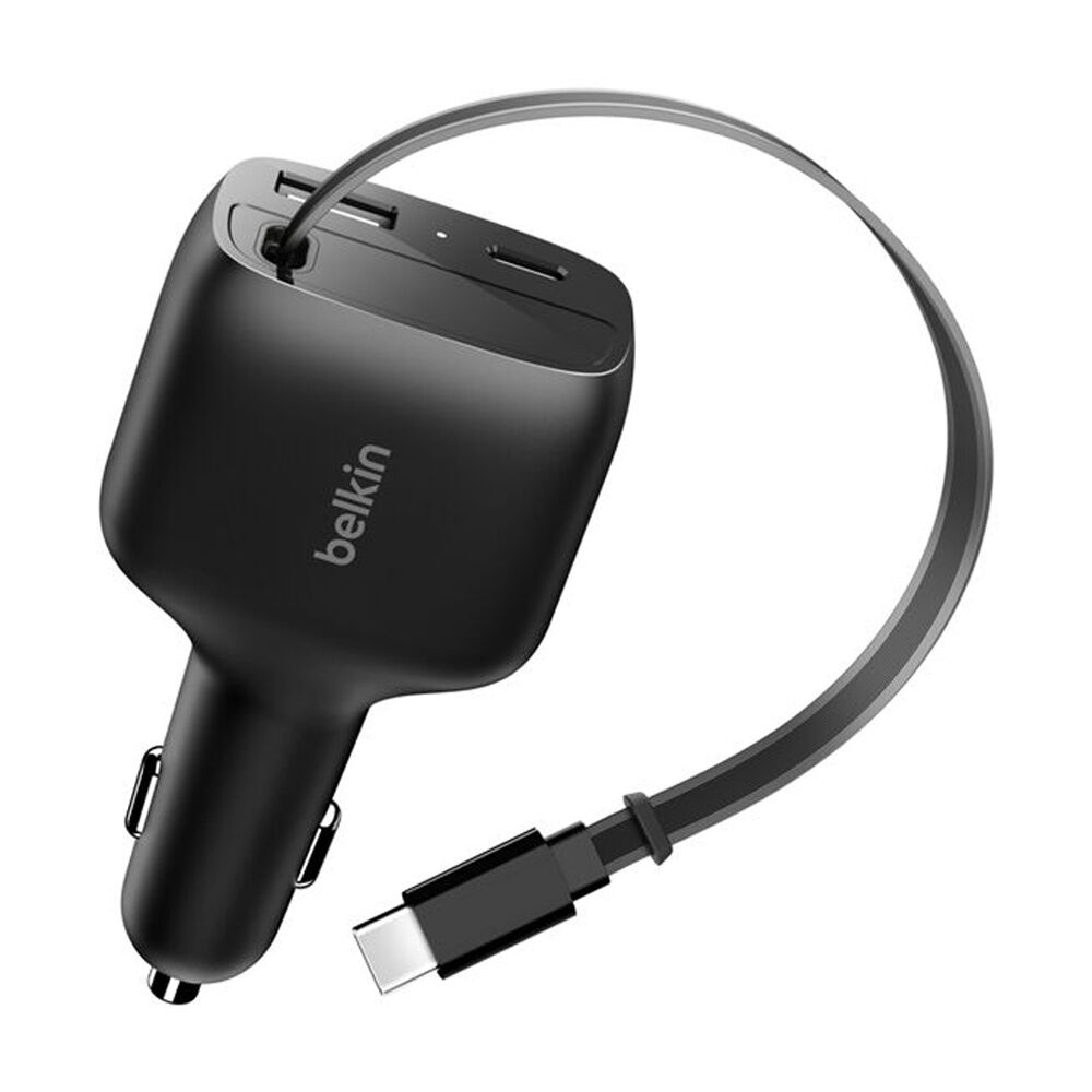2PK Belkin BoostCharge 2-Port Car Charger W/ Retractable USB-C Cable 75W