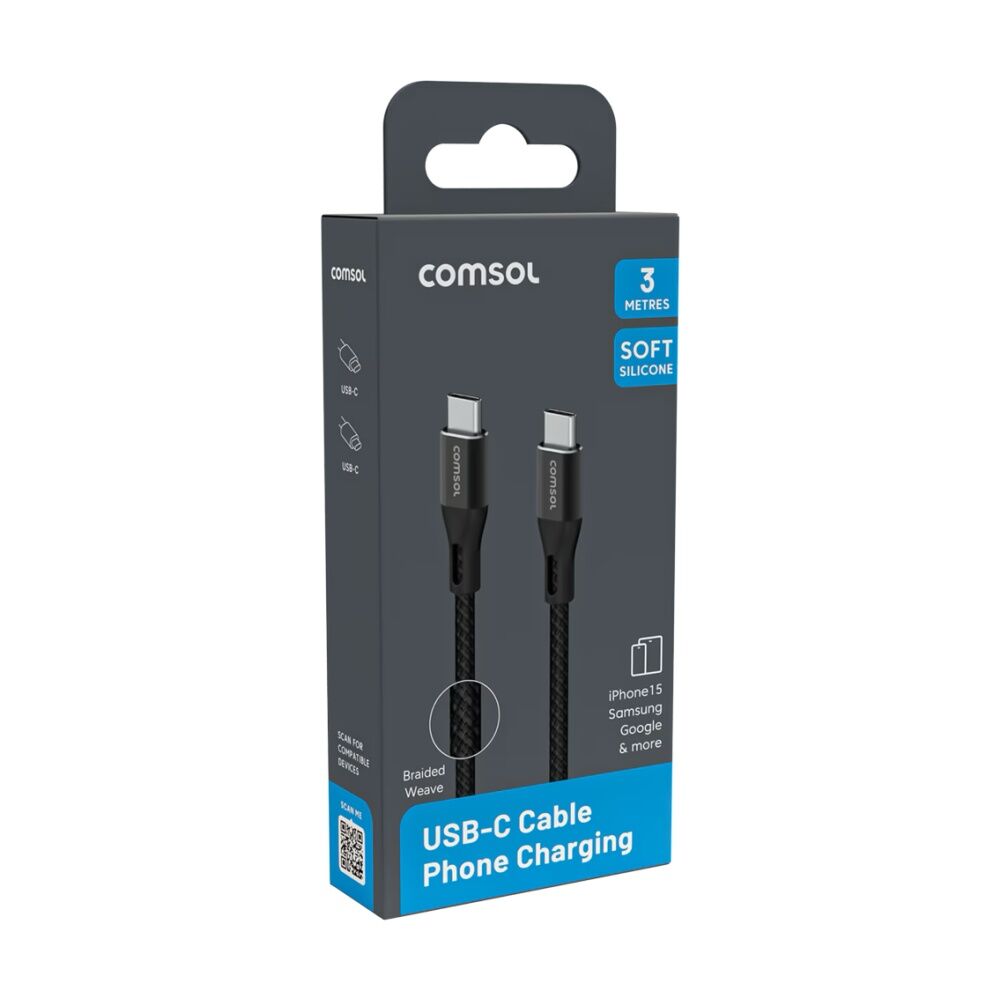2PK Comsol USB-C To USB C Braided Data Transfer Charge Cable Black 3m