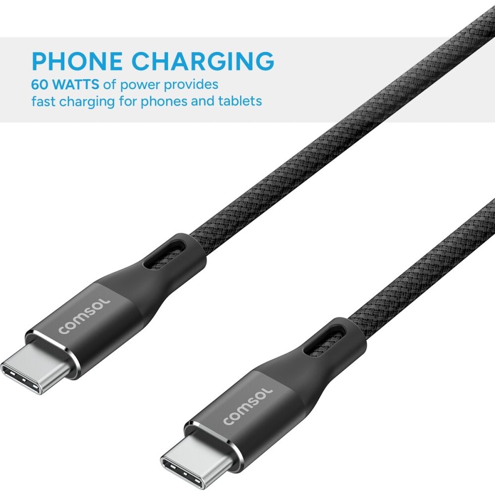 2PK Comsol USB-C To USB C Braided Data Transfer Charge Cable Black 3m