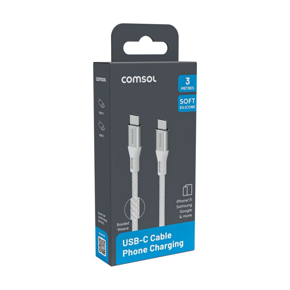 4PK Comsol USB-C To USB C Braided Data Transfer Charge Cable White 3m
