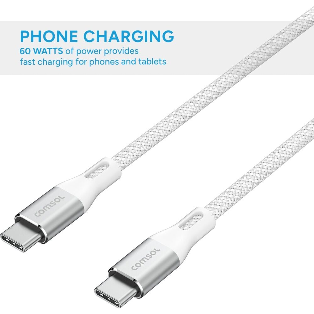 4PK Comsol USB-C To USB C Braided Data Transfer Charge Cable White 3m