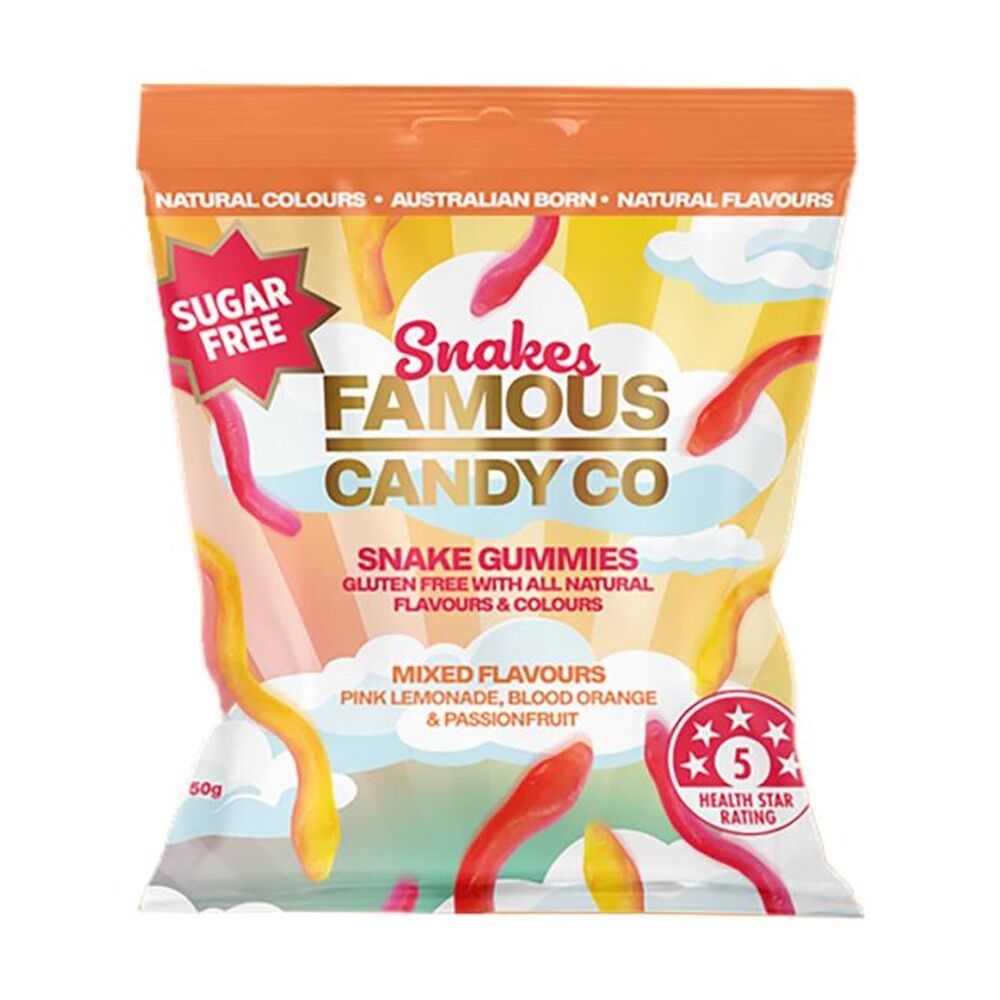 10PK Famous Candy Co Sugar Free Snakes 50g Party Favours Candy/Lollies/Gummies