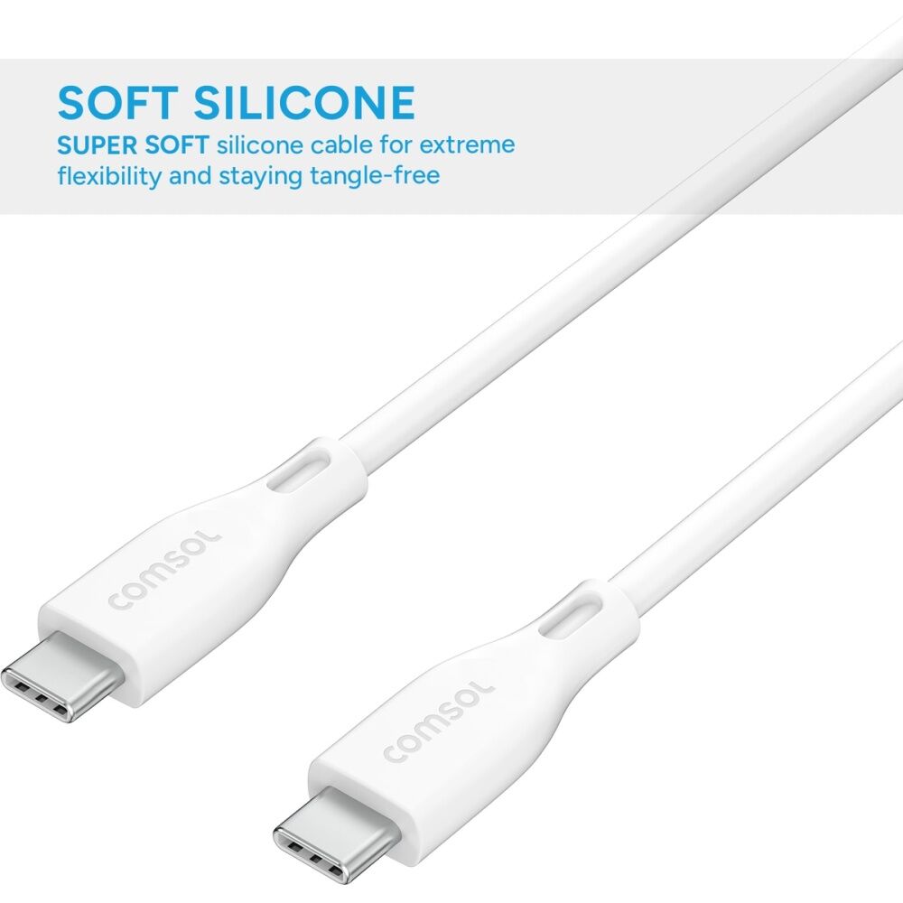 2PK Comsol USB-C To USB C Silicone Soft Data Transfer Charge Cable White 1.2m