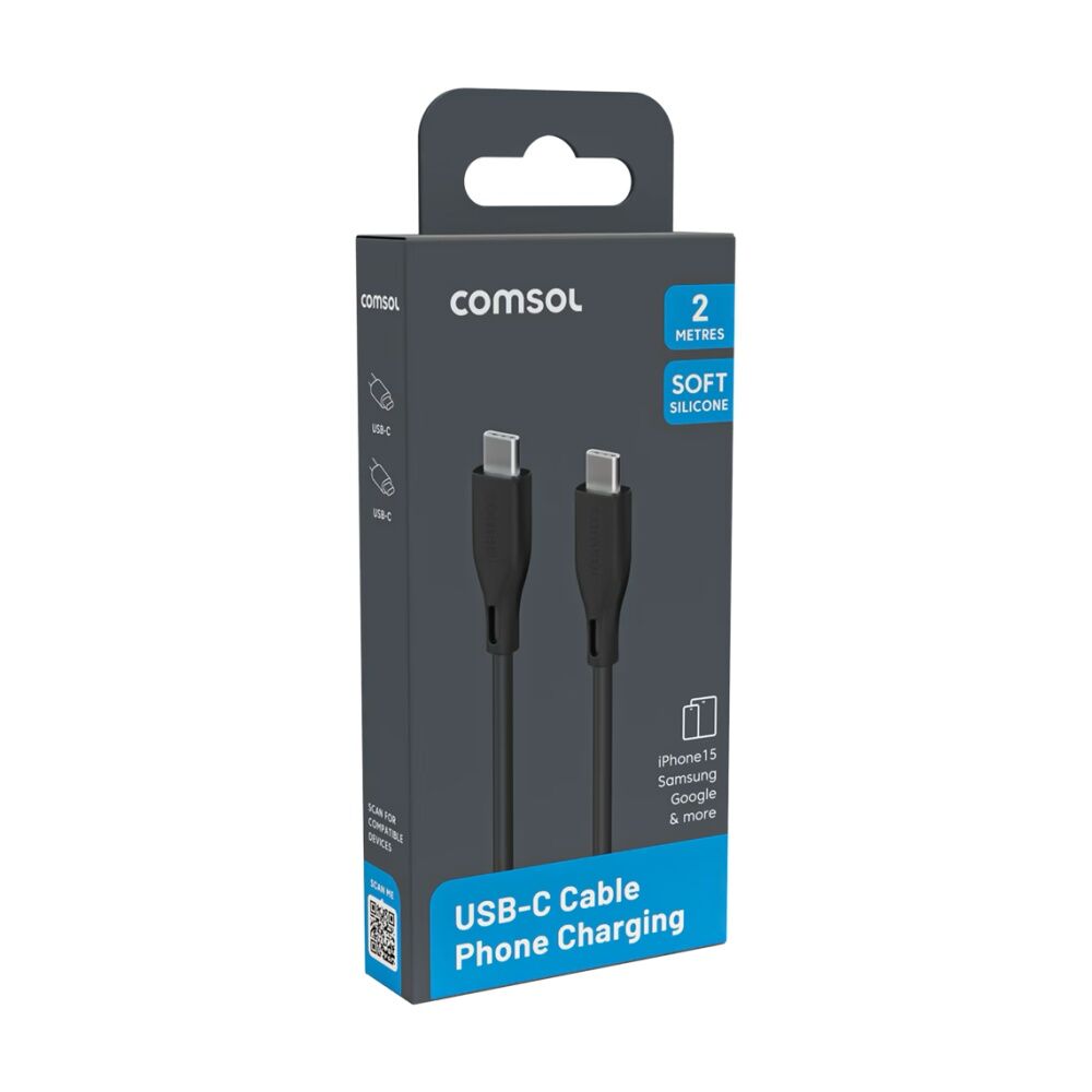 4PK Comsol USB-C To USB C Silicone Soft Data Transfer Charge Cable Black 2m