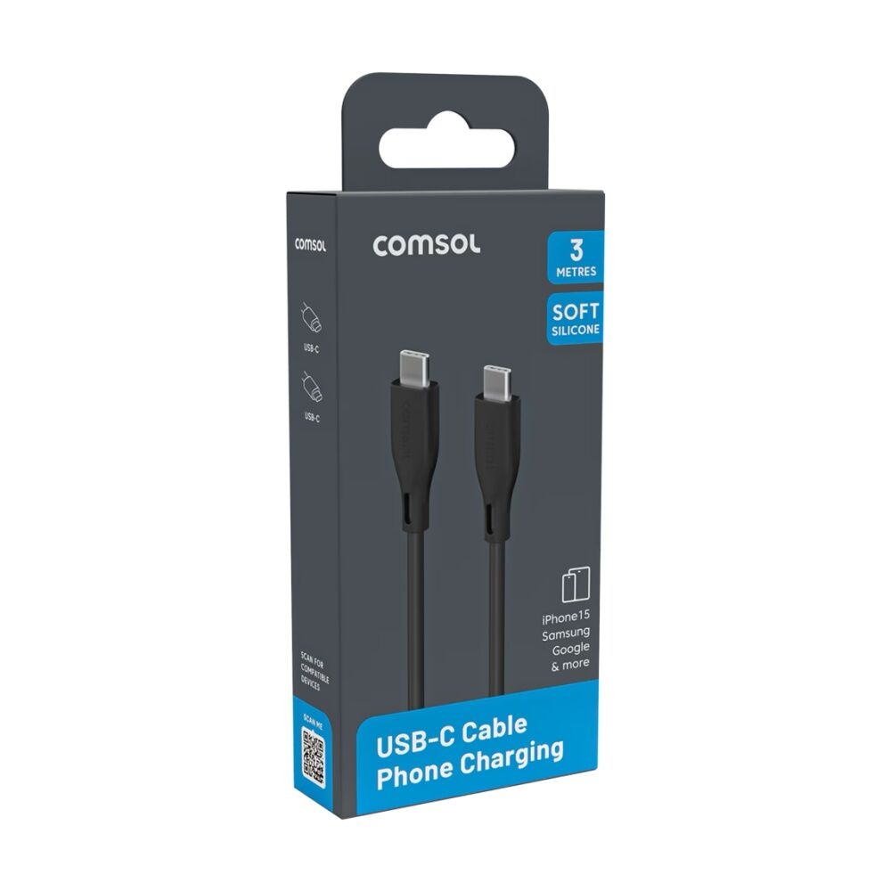 4PK Comsol USB-C To USB C Silicone Soft Data Transfer Charge Cable Black 3m