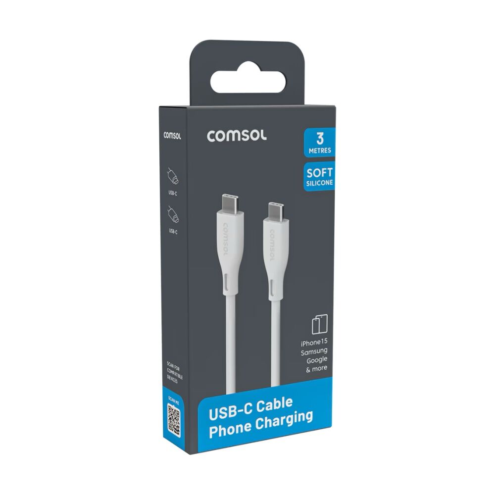 2PK Comsol USB-C To USB C Silicone Soft Data Transfer Charge Cable White 3m