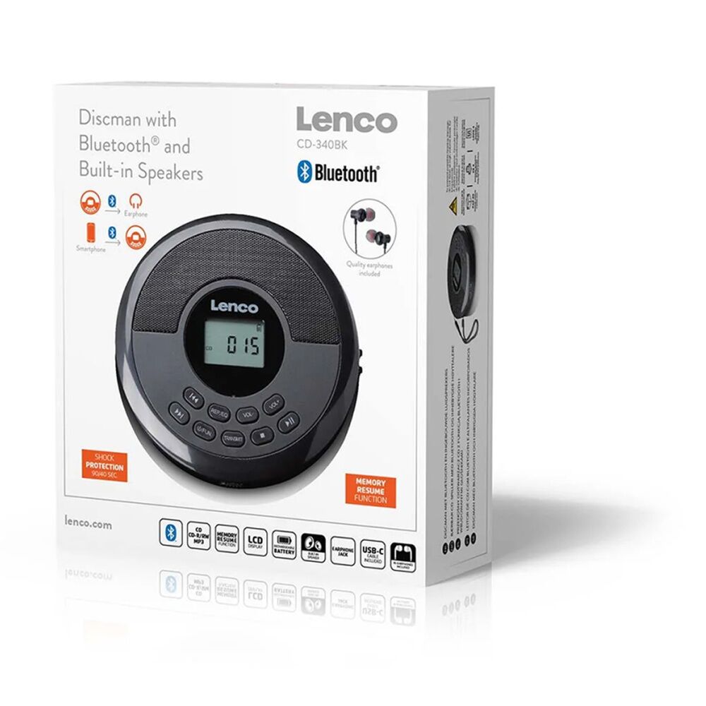 Lenco CD-340BK Discman CD/Bluetooth Player W/ Built-In Speakers Black