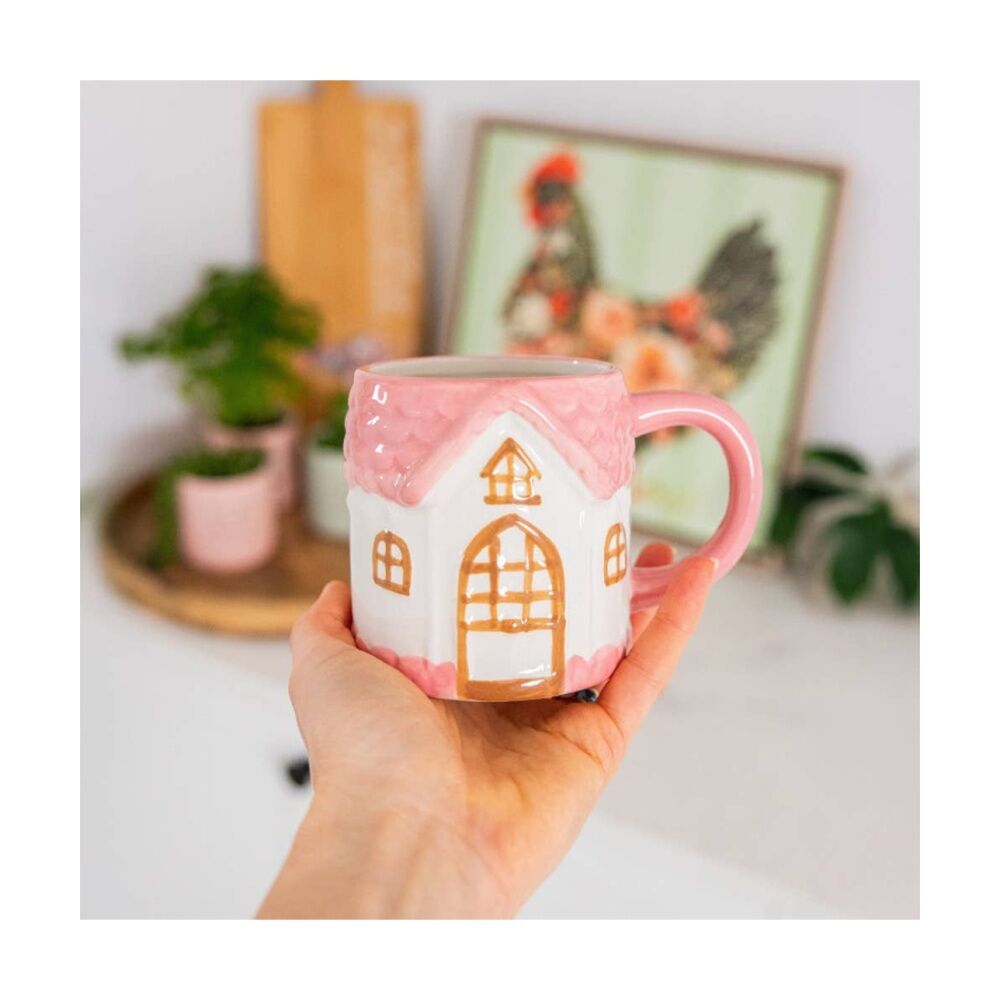 Cottage Grove House Mug Hand Painted Ceramic Novelty Pink 380ml