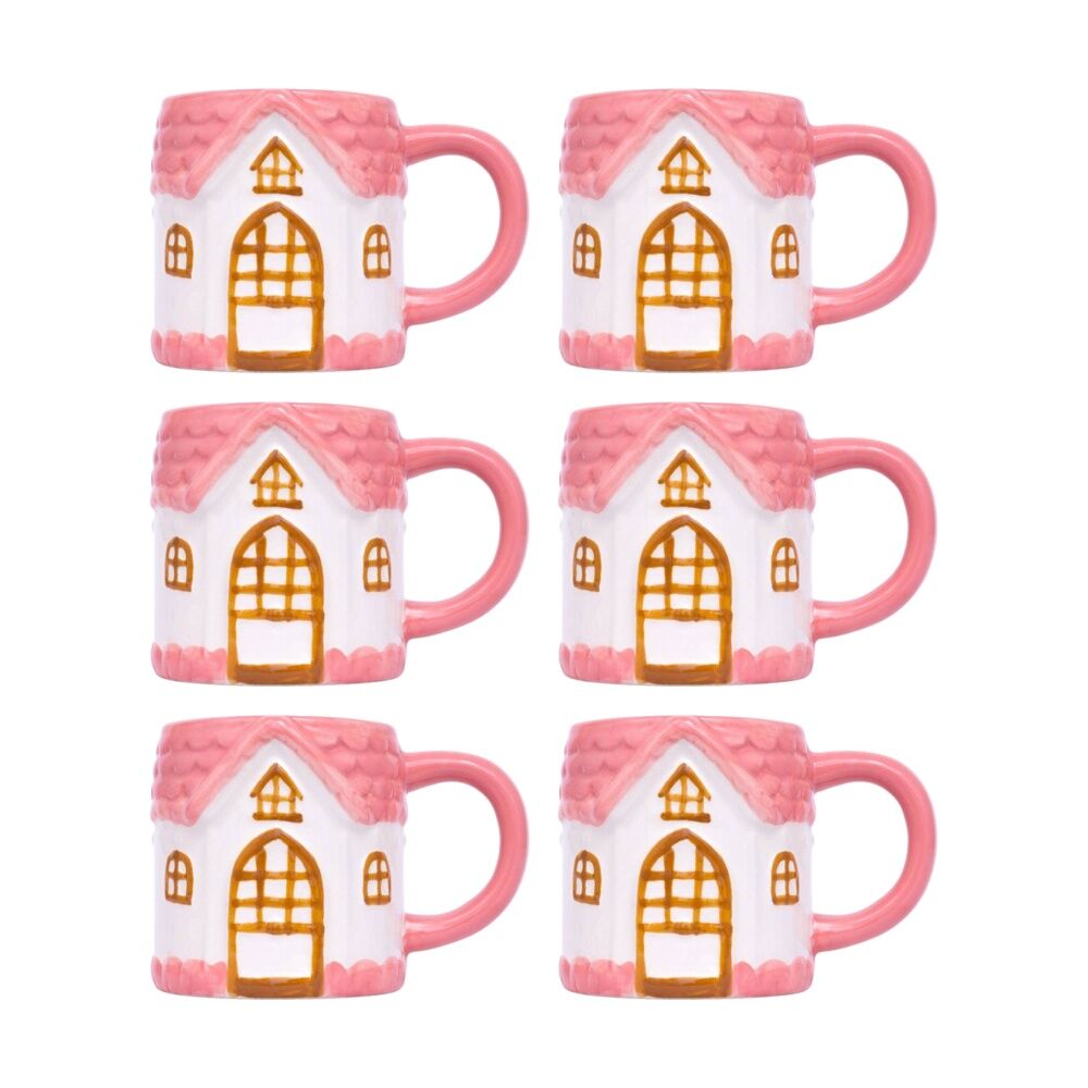 6PK Cottage Grove House Mug Hand Painted Ceramic Novelty Pink 380ml