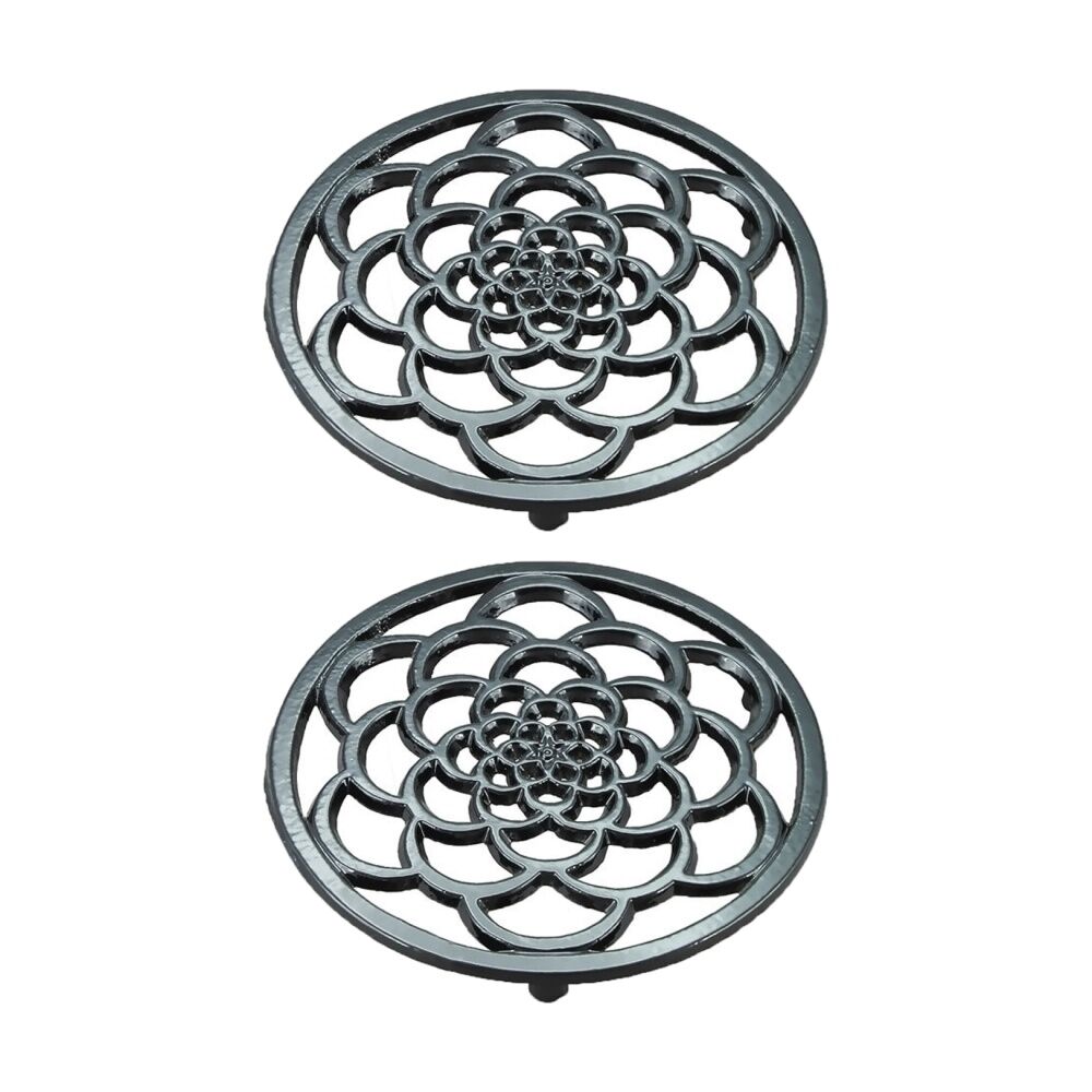 2PK G&S Cast Iron Enamelled Round Trivet Durable Heat Protector Black 18cm