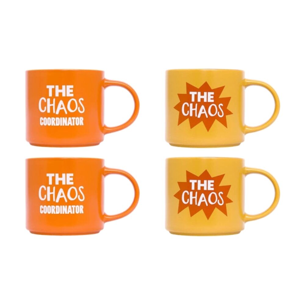 2x 2pc Cheeky Mugs Chaos Coordinator Ceramic Mug Set Orange Yellow 390ml