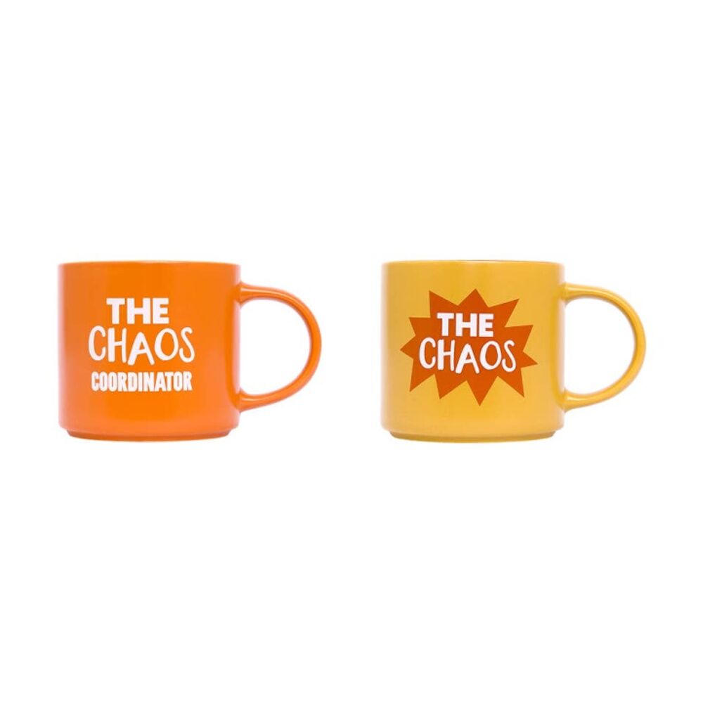 2x 2pc Cheeky Mugs Chaos Coordinator Ceramic Mug Set Orange Yellow 390ml