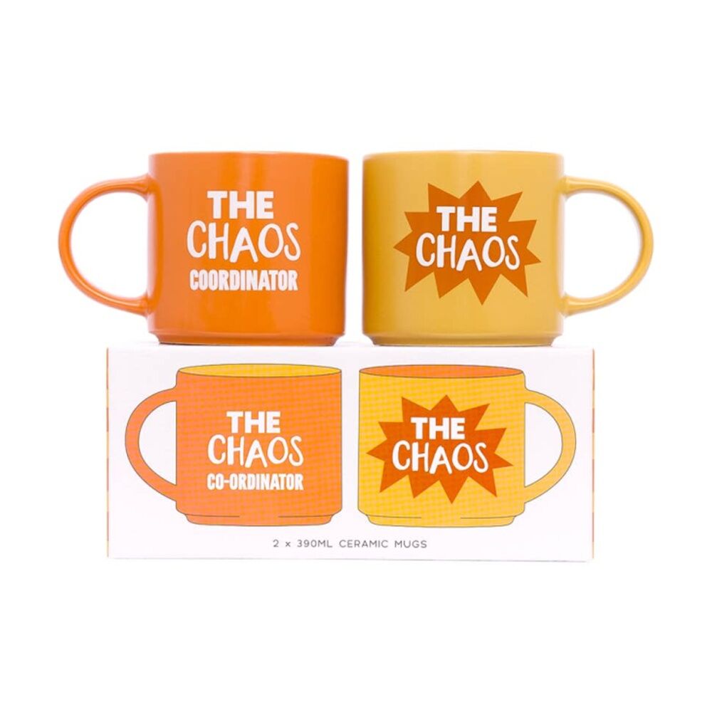 2x 2pc Cheeky Mugs Chaos Coordinator Ceramic Mug Set Orange Yellow 390ml