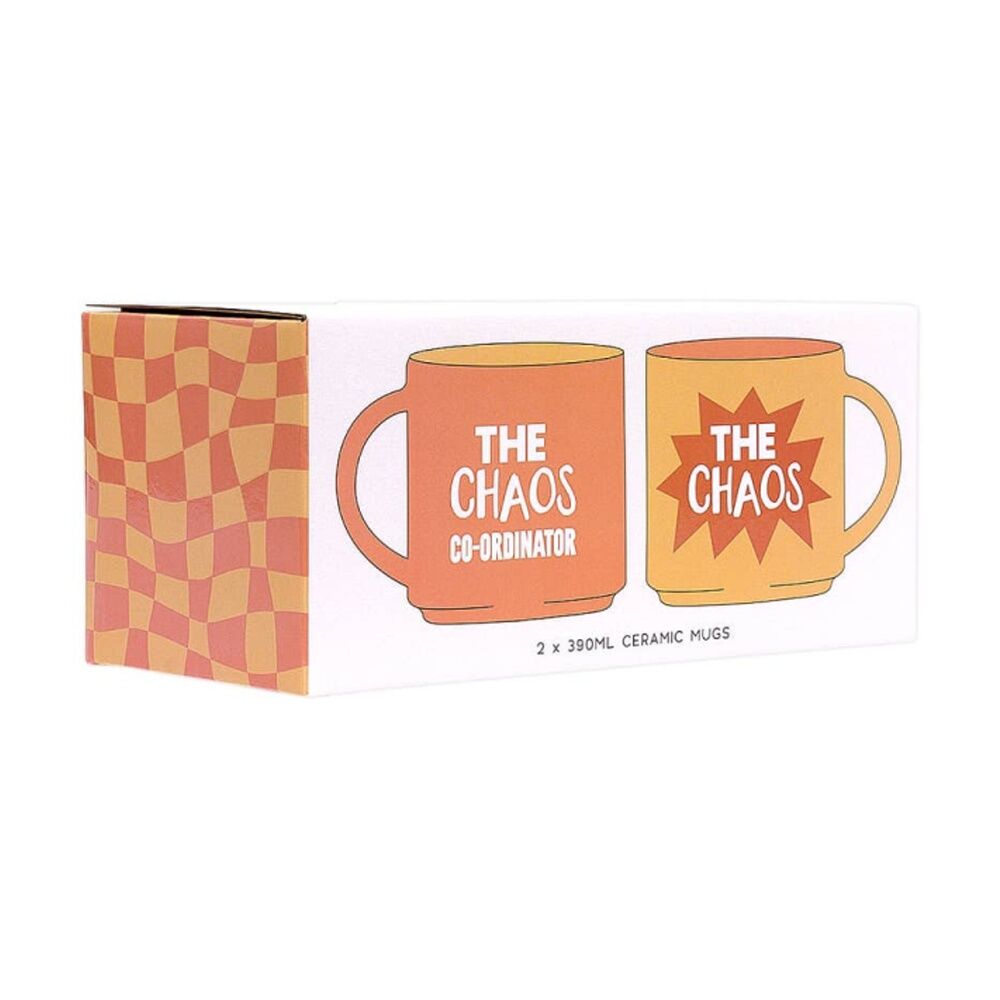 2x 2pc Cheeky Mugs Chaos Coordinator Ceramic Mug Set Orange Yellow 390ml