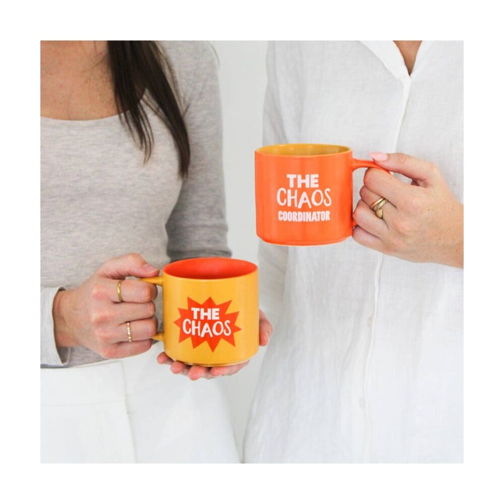 2x 2pc Cheeky Mugs Chaos Coordinator Ceramic Mug Set Orange Yellow 390ml