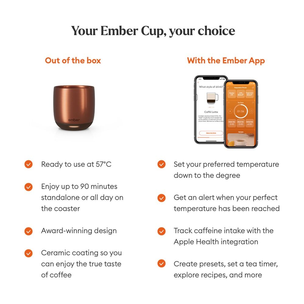 Ember Electric Insulated Smart Mug Cup W/ Charging Coaster 178mL Copper Gold