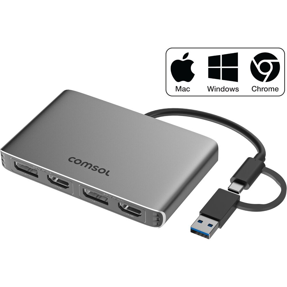 Comsol USB-C to Dual 4K HDMI Universal Monitor Computer Adaptor Silver