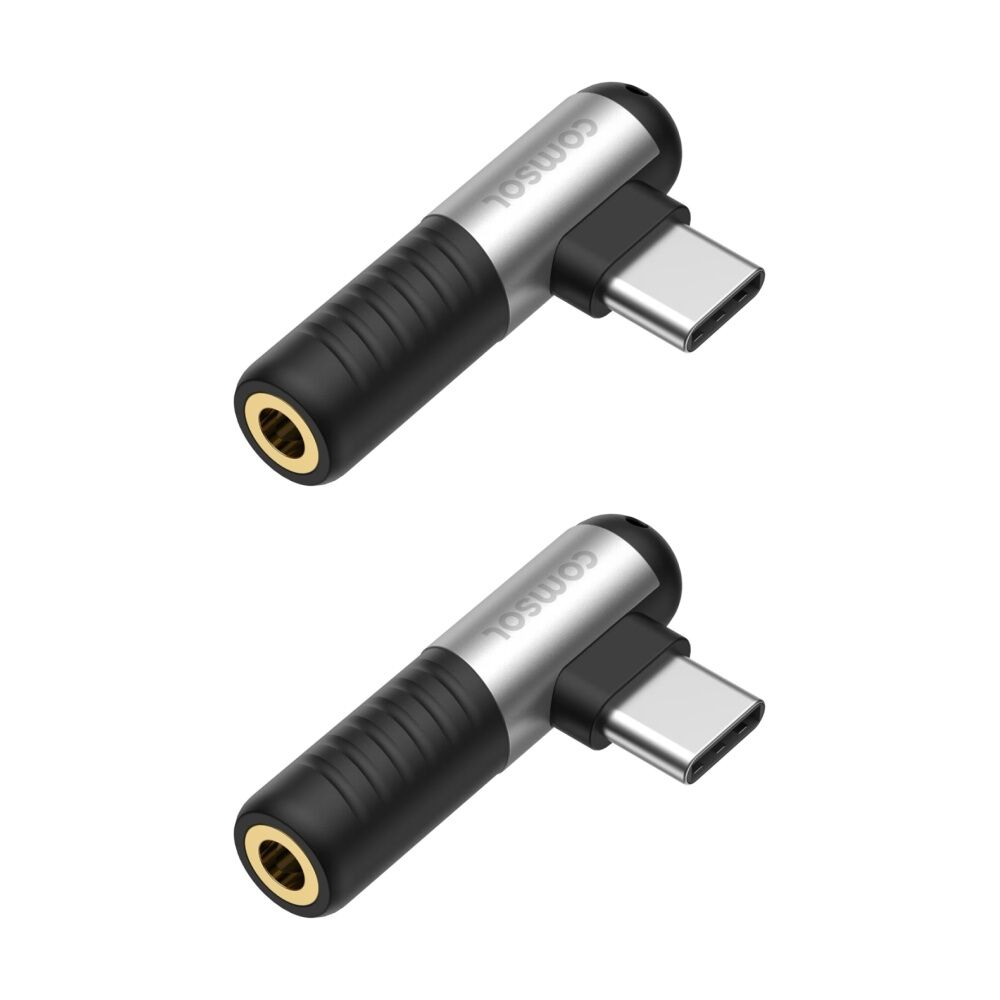 2PK Comsol USB-C To 3.5mm Right Angle Digital Analog Audio Adapter Black