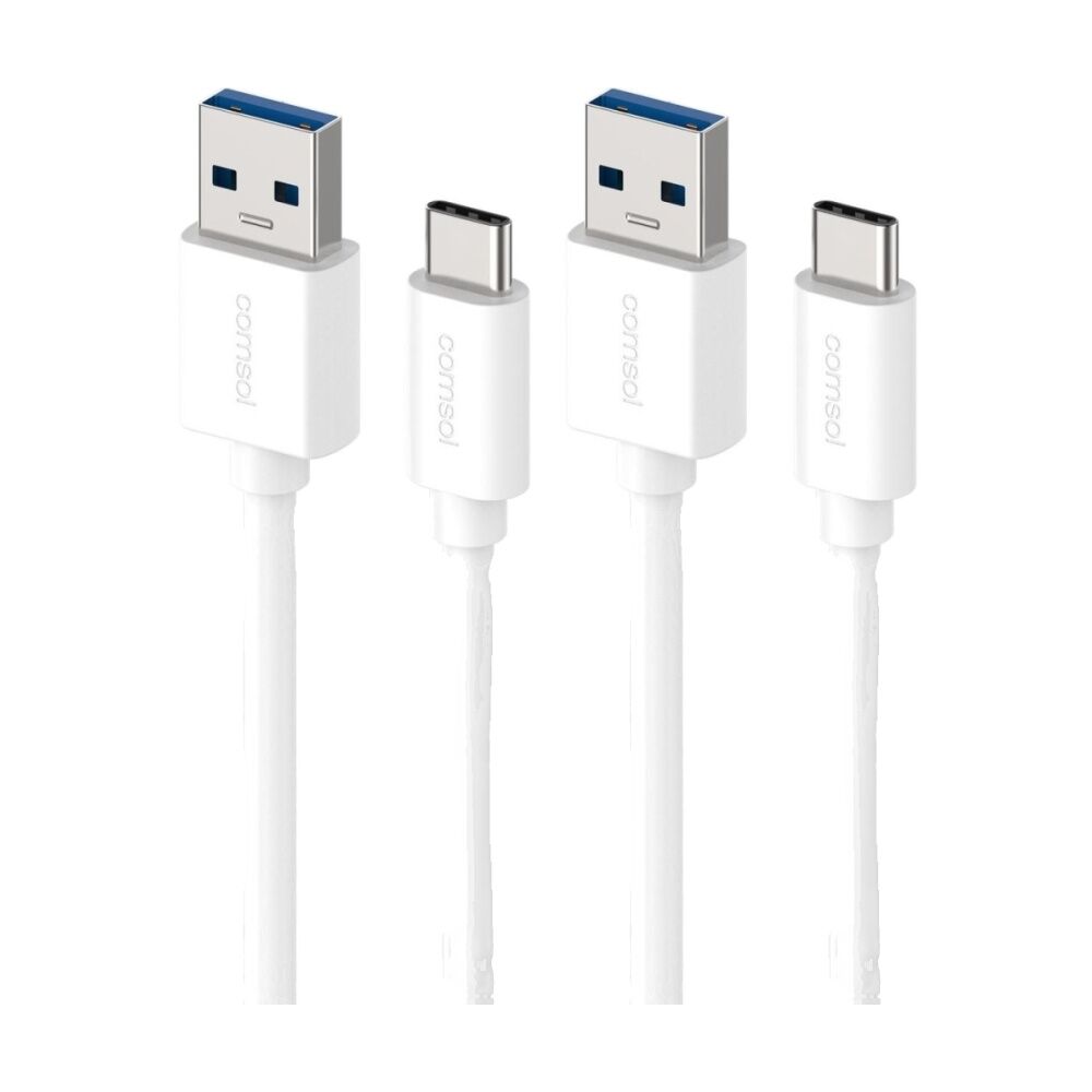 2PK Comsol USB-A To USB-C High-Speed Data Transfer 5Gbps Charge Cable White 1.2m