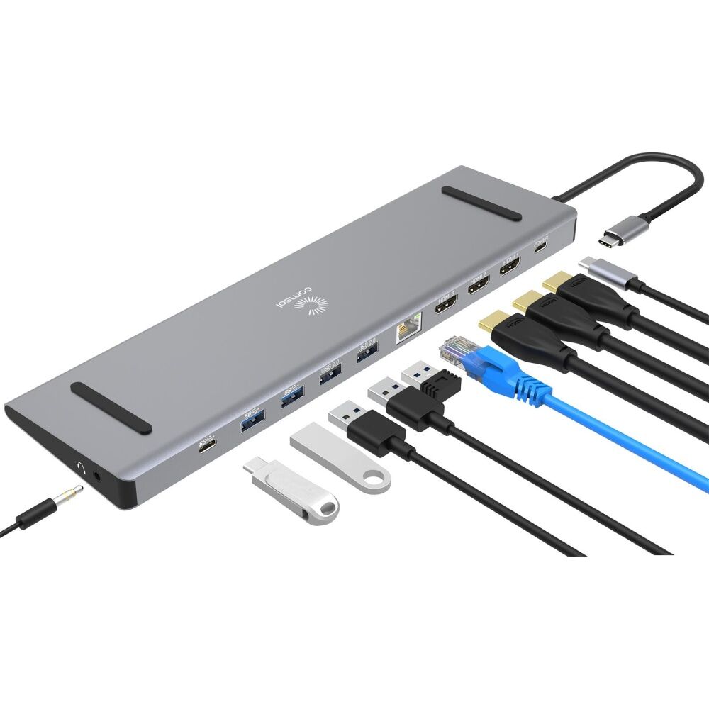 Comsol USB-C to Triple 4K HDMI Monitor Computer Docking Station Grey