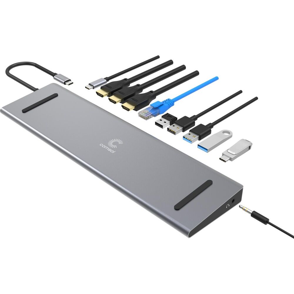 Comsol USB-C to Triple 4K HDMI Monitor Computer Docking Station Grey